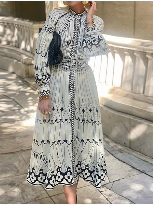 Elegant Floral Print Long Sleeve Maxi Dress