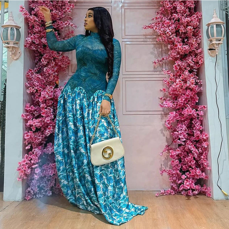 Floral Print A-Line Dress With High Neck Long Sleeve