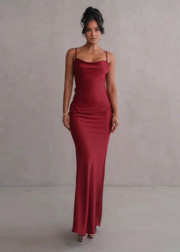 Satin Evening Gown With Cowl Neck And Floral Detail