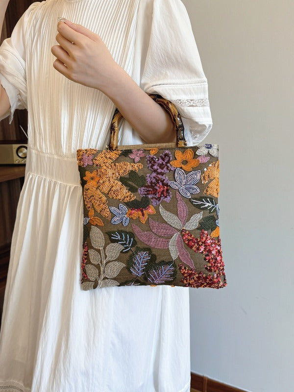 Embroidered Sequin Bamboo Tote Bag Stylish Evening Handbag
