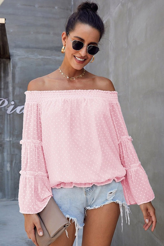 Long Sleeve Flared Chiffon Strapless Neck Openwork Blouse