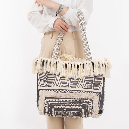 Vintage Tassel Print Tote Shoulder Handbag