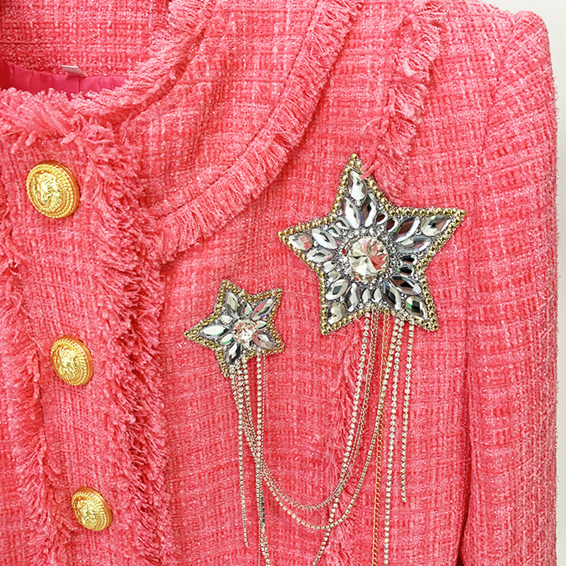 Fashionable Beaded Brooch Jacket with Fringe Wool Blend