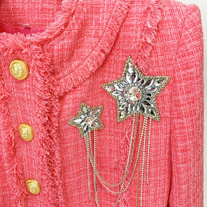 Fashionable Beaded Brooch Jacket with Fringe Wool Blend