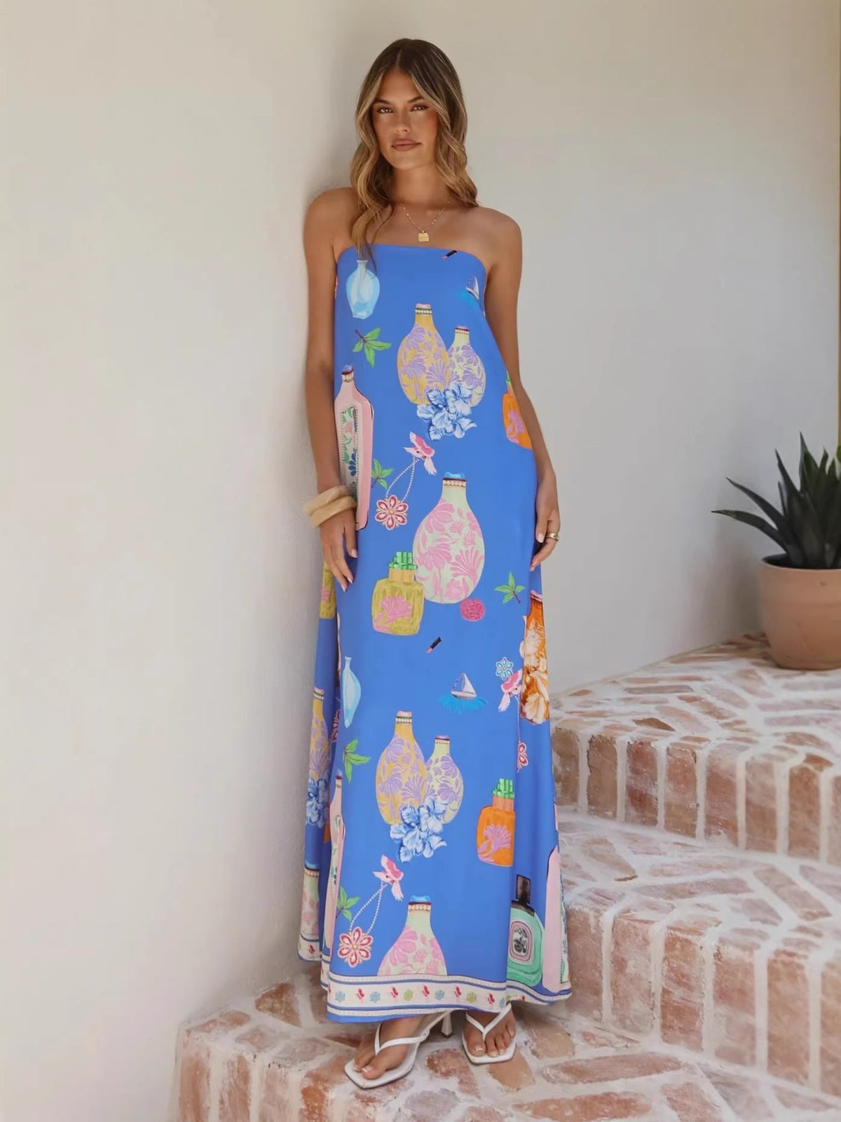 Casual Linen Strapless Dress With Artistic Prints