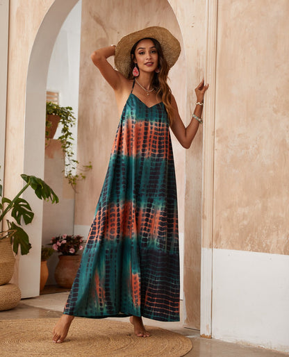 Bohemia Style Floral Summer Sling Dress Sexy V-Neck Print Dress Beach Dress