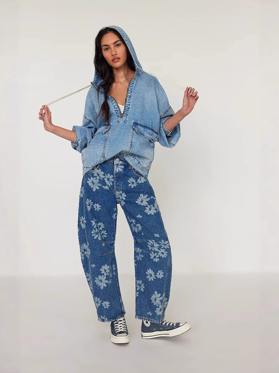 Hooded Denim Long Sleeve Top Casual Street Style