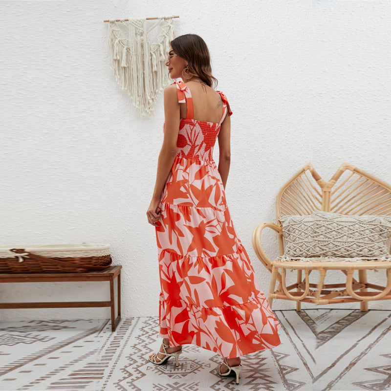 Ruffle Print Sleeveless String Strap Dress