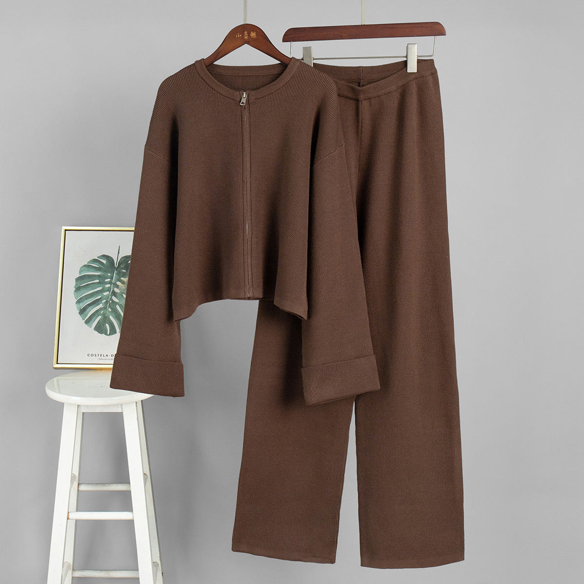 Casual Knitted Long Sleeve Top And Wide Leg Pants Set