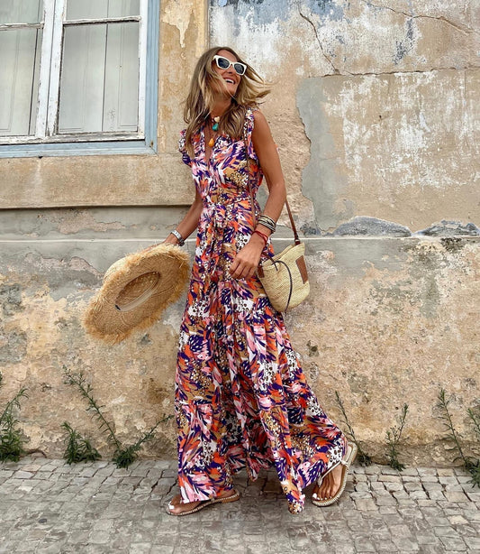 Summer Casual Women'S Print Maxi Dress Sleeveless V-Neck Swing Dress
