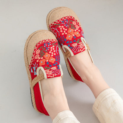 New Ethnic Style Flower Sea Embroidery Shallow Mouth Single Shoes, Original Craftsmanship Casual One-Pedal Women'S Shoes