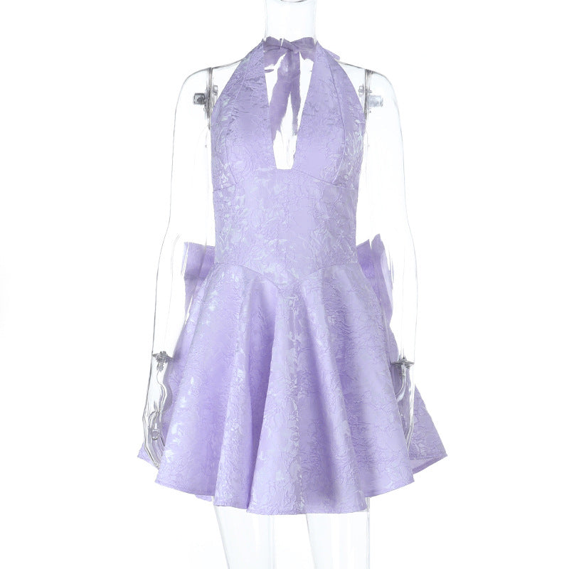 Elegant Bow Tie Halter Dress Slim Fit Polyester Blend