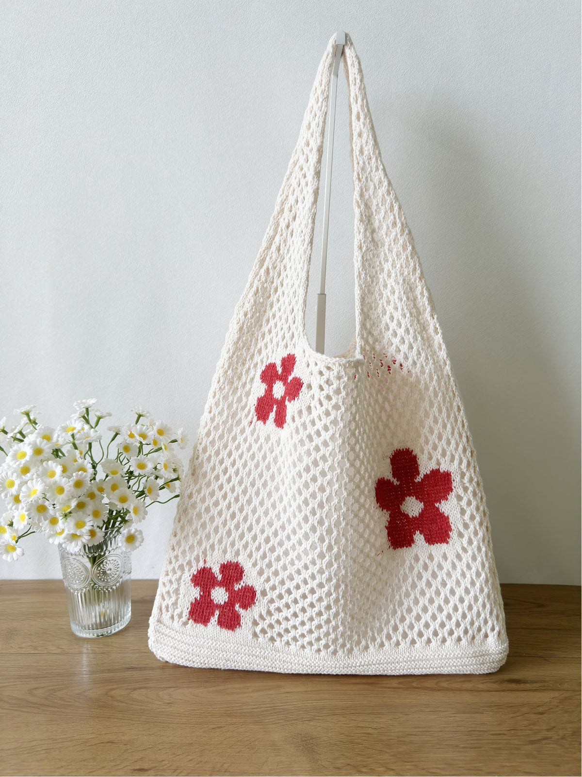 Flower Color Block Hollow Out Woven Handbag