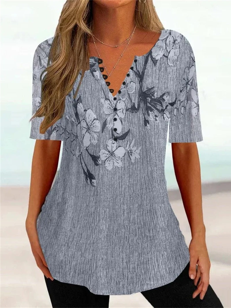 Women'S Clothing Summer Loose V-Neck Short Sleeved Pleated Button Up Shirt For Women