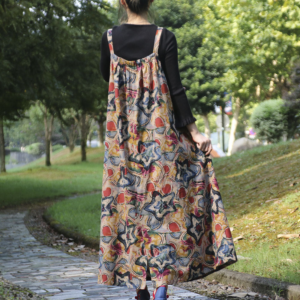 Spring And Autumn Ethnic Style Printed Cotton Hemp Strap Dress Loose Swing Large Pocket Long Dress