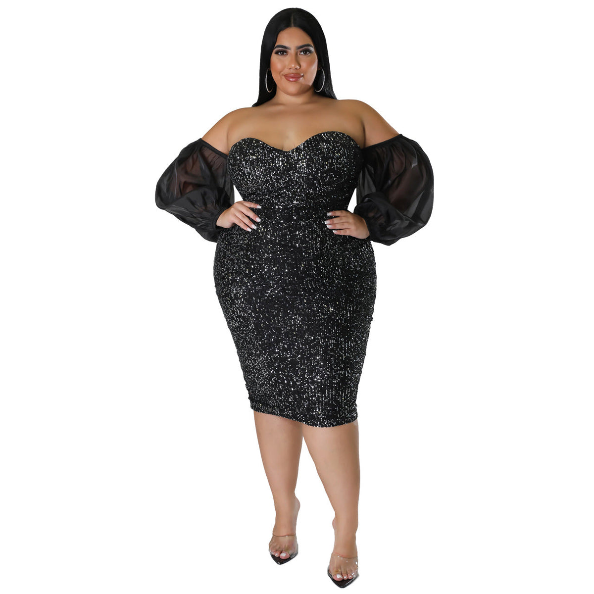 Sexy Sequin Bodycon Dress With Sheer Mesh