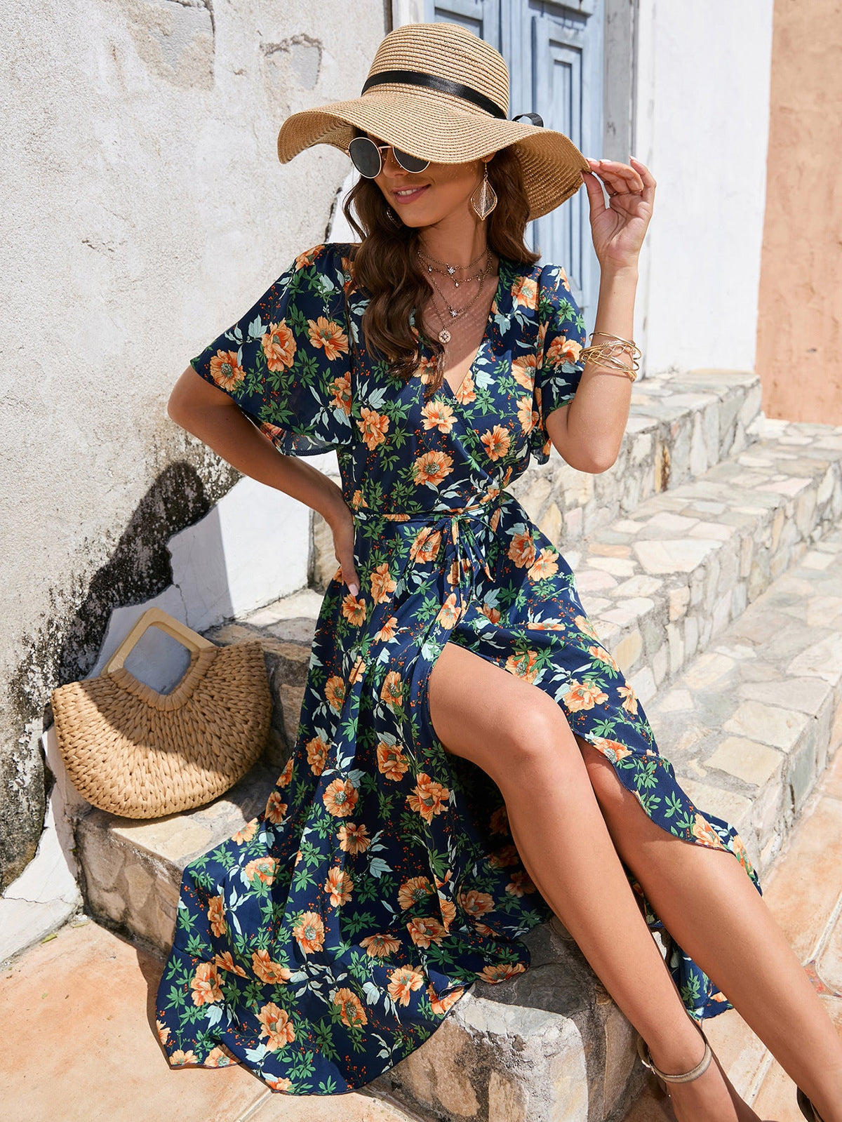 V-Neck, Short Sleeves, Lace-Up High-Rise Maxilla Dress, Beach Casual Dress