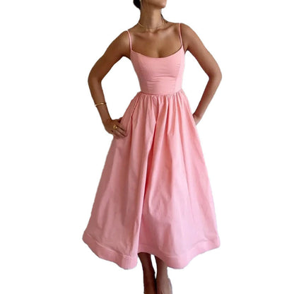 New Women's Casual A-Line Dress Solid Color Pleated Maxi Dress