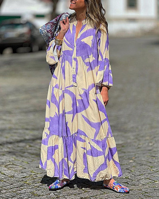 Autumn And Winter New V-Neck Flare Sleeve Large Print Dress Large Swing Loose Long Dress