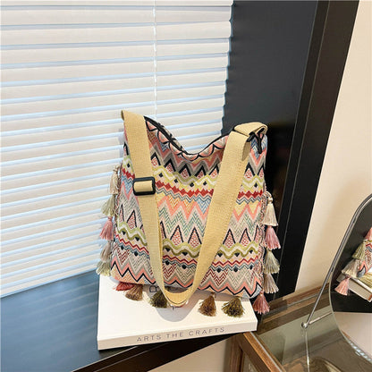 Boho Style Shoulder Bag with Fringe - Canvas Tote