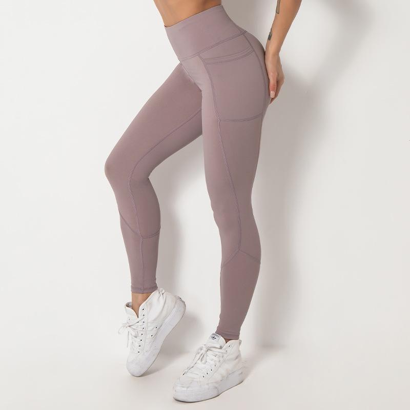 Spliced Pocket Size Double-Sided Nylon High Elastic Sports High Waist Hip Tight Yoga Pants Women.