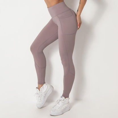Spliced Pocket Size Double-Sided Nylon High Elastic Sports High Waist Hip Tight Yoga Pants Women.