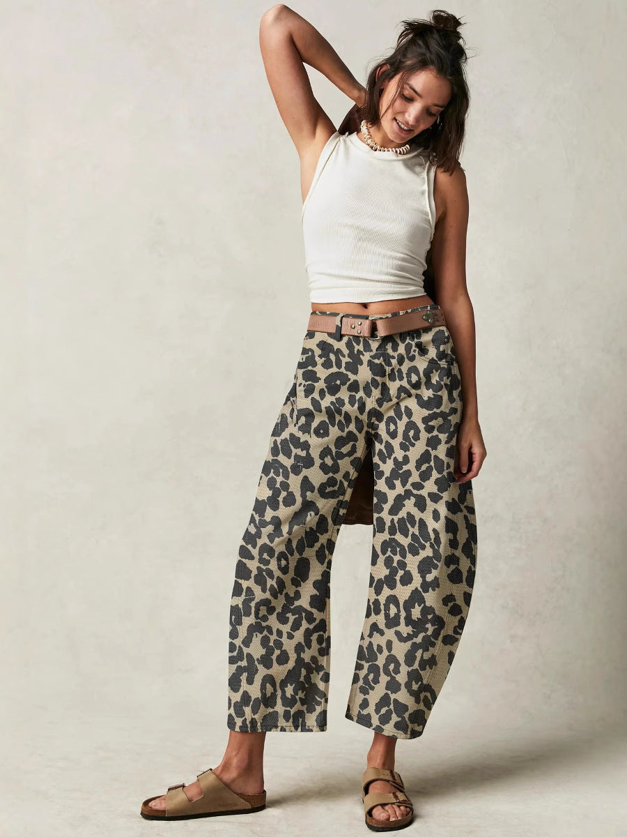 Leopard Print Casual Mid-Rise Loose Women's Jeans