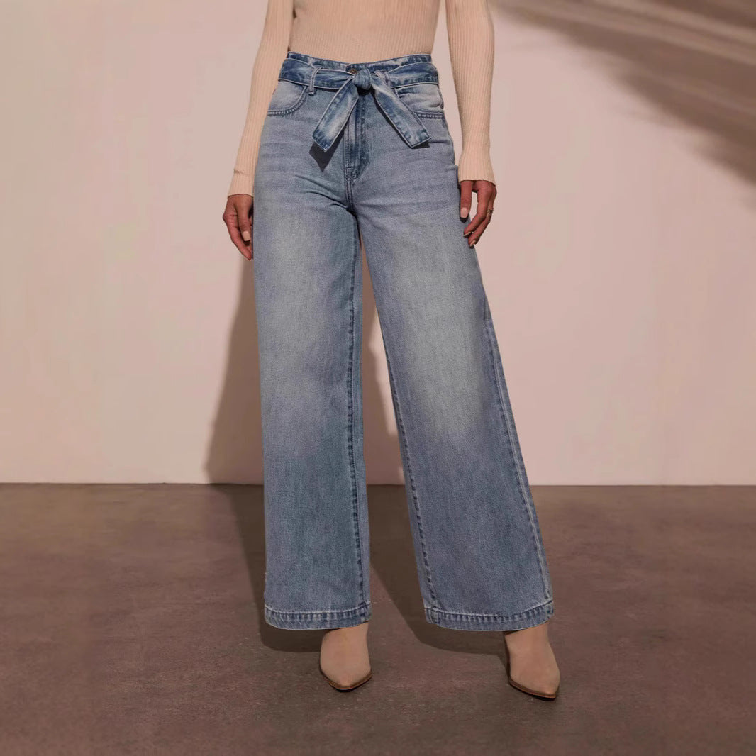 Elegant Tie Front High Waisted Straight Leg Jeans
