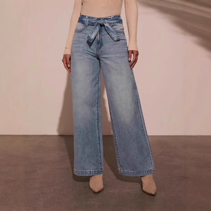 Elegant Tie Front High Waisted Straight Leg Jeans