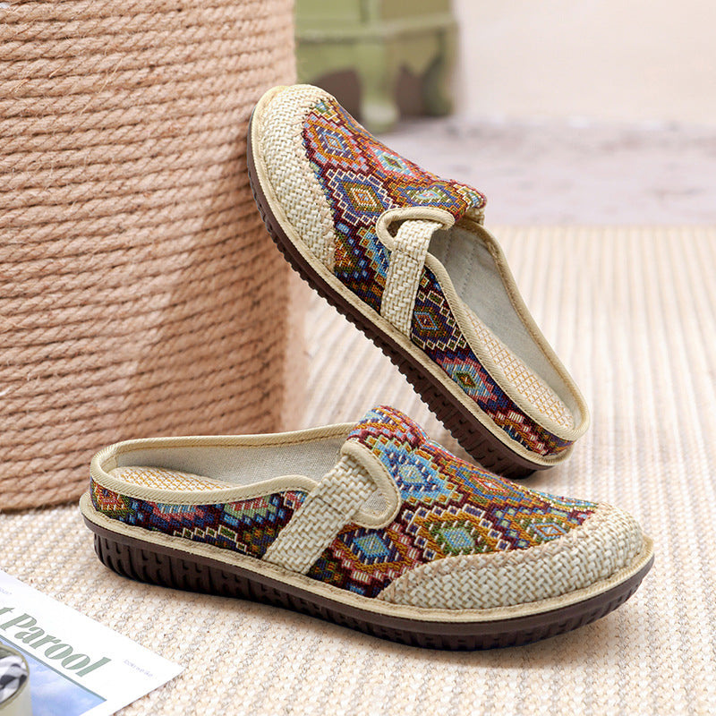 Women'S New Ethnic Style Half Slippers Linen Casual Fisherman'S Shoes Soft Soled Mother'S Shoes