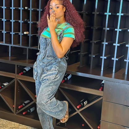 Trendy Casual Wide-Leg Denim Overalls With Pockets