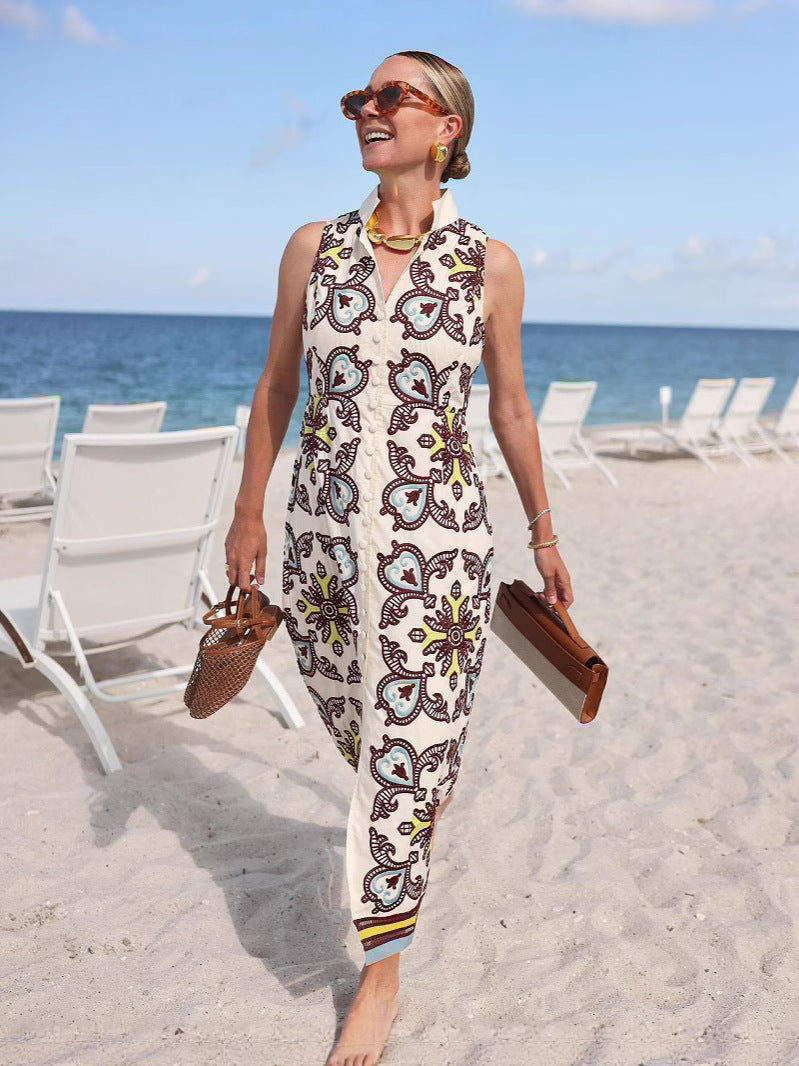 Fashionable Sleeveless Cardigan Dress with Floral Print