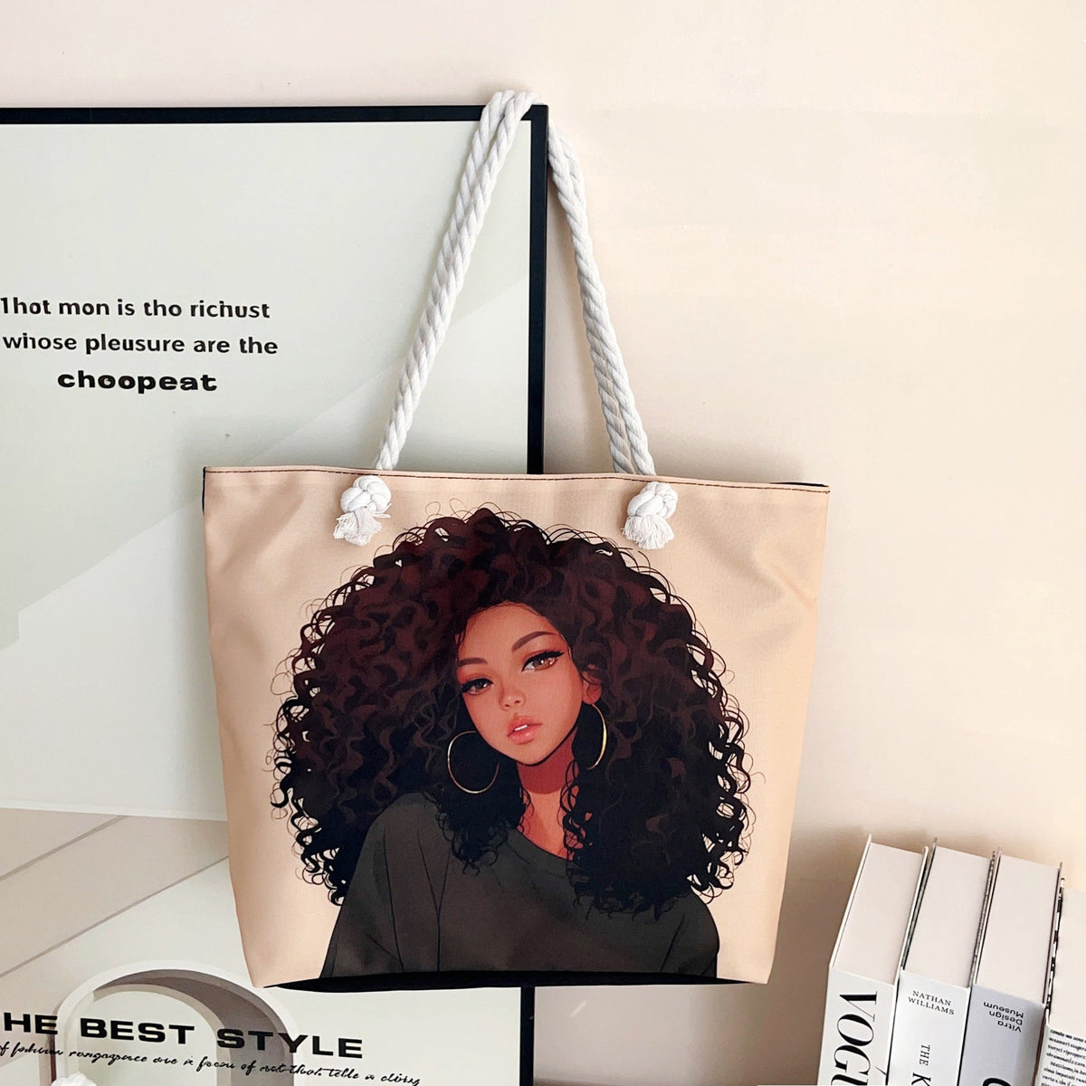 Trendy Cartoon Print Shoulder Tote Bag Durable Oxford Cloth Bag