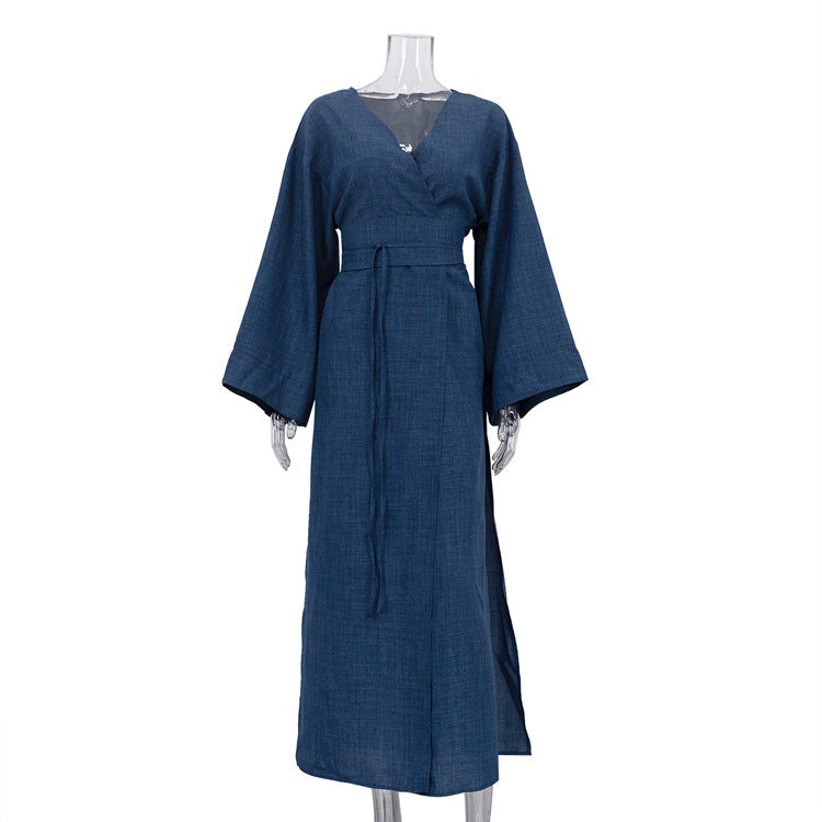 Casual Cross-Design Lace-Up French Dress V-Neck Long Sleeve High Waist Maxi Dress