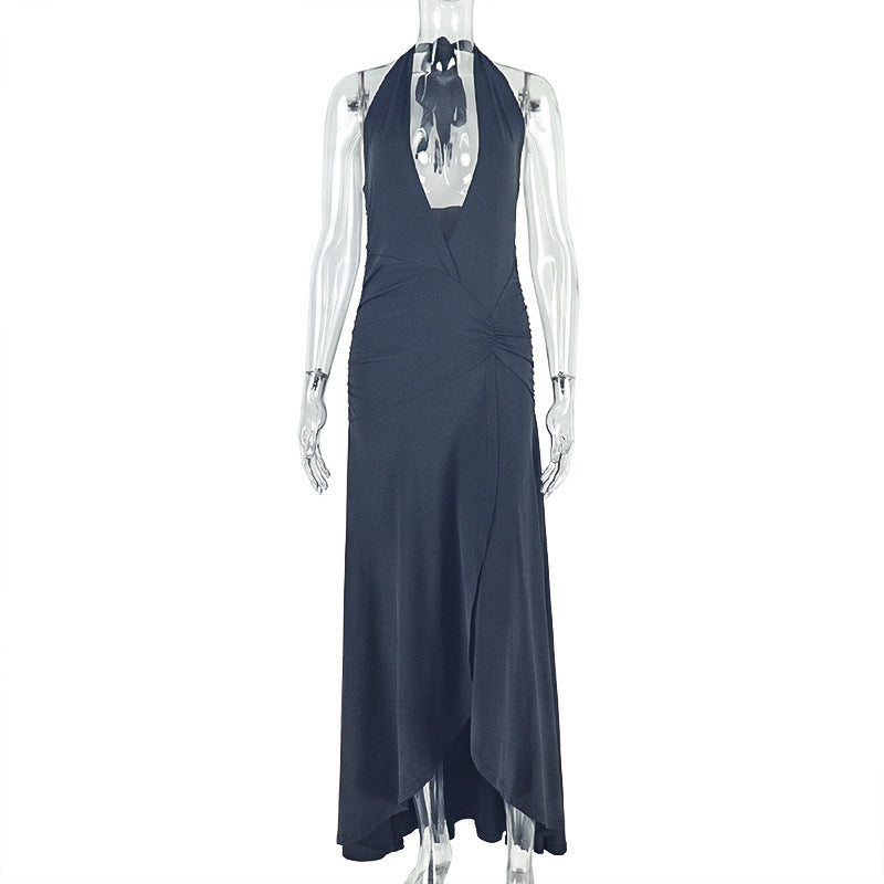 Solid Color Bodycon Dress V-Neck Ruched Midi Dress
