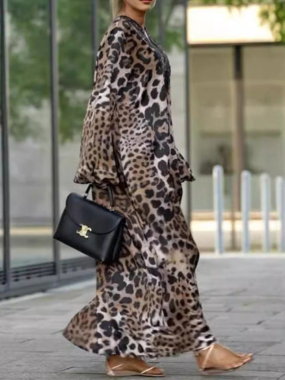 Loose Fit Leopard Print Long Sleeve Dress
