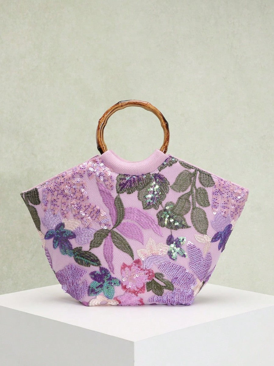Elegant Floral Sequin Tote Bag With Bamboo Handle
