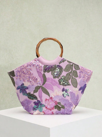 Elegant Floral Sequin Tote Bag With Bamboo Handle
