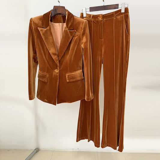 Women'S Fashionable Velvet Blazer And Flared Pants Set
