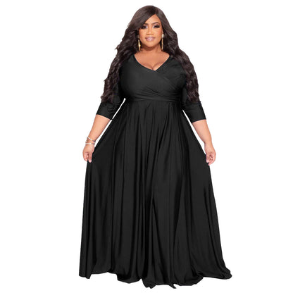 Plus Size Solid Color V-Neck Elegant Long Dress