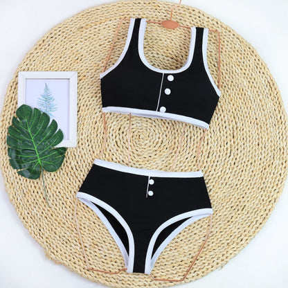 Color Block Button Down Bikini Sexy Swimwear