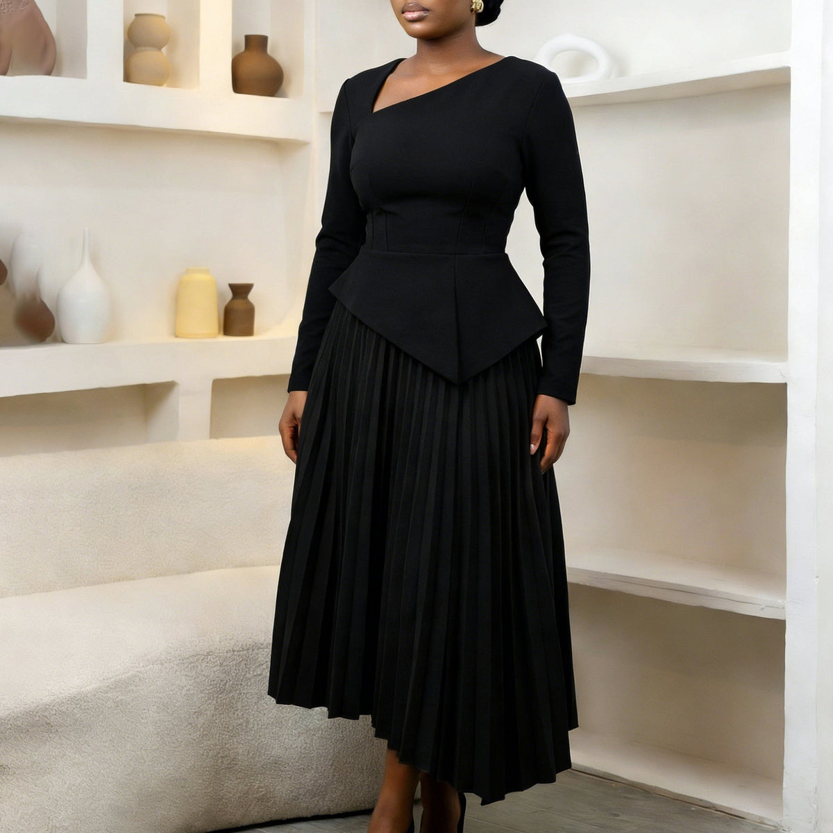 Elegant Off-Shoulder High-Waisted Midi Dress