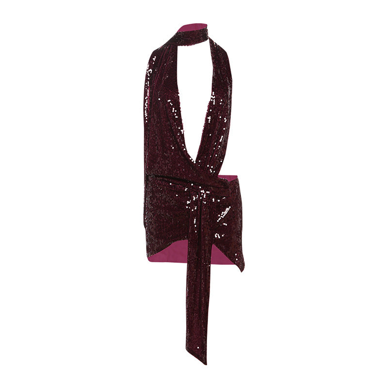 Burgundy Backless Bodycon Dress Sexy Halter Neck