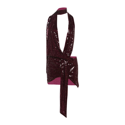 Burgundy Backless Bodycon Dress Sexy Halter Neck