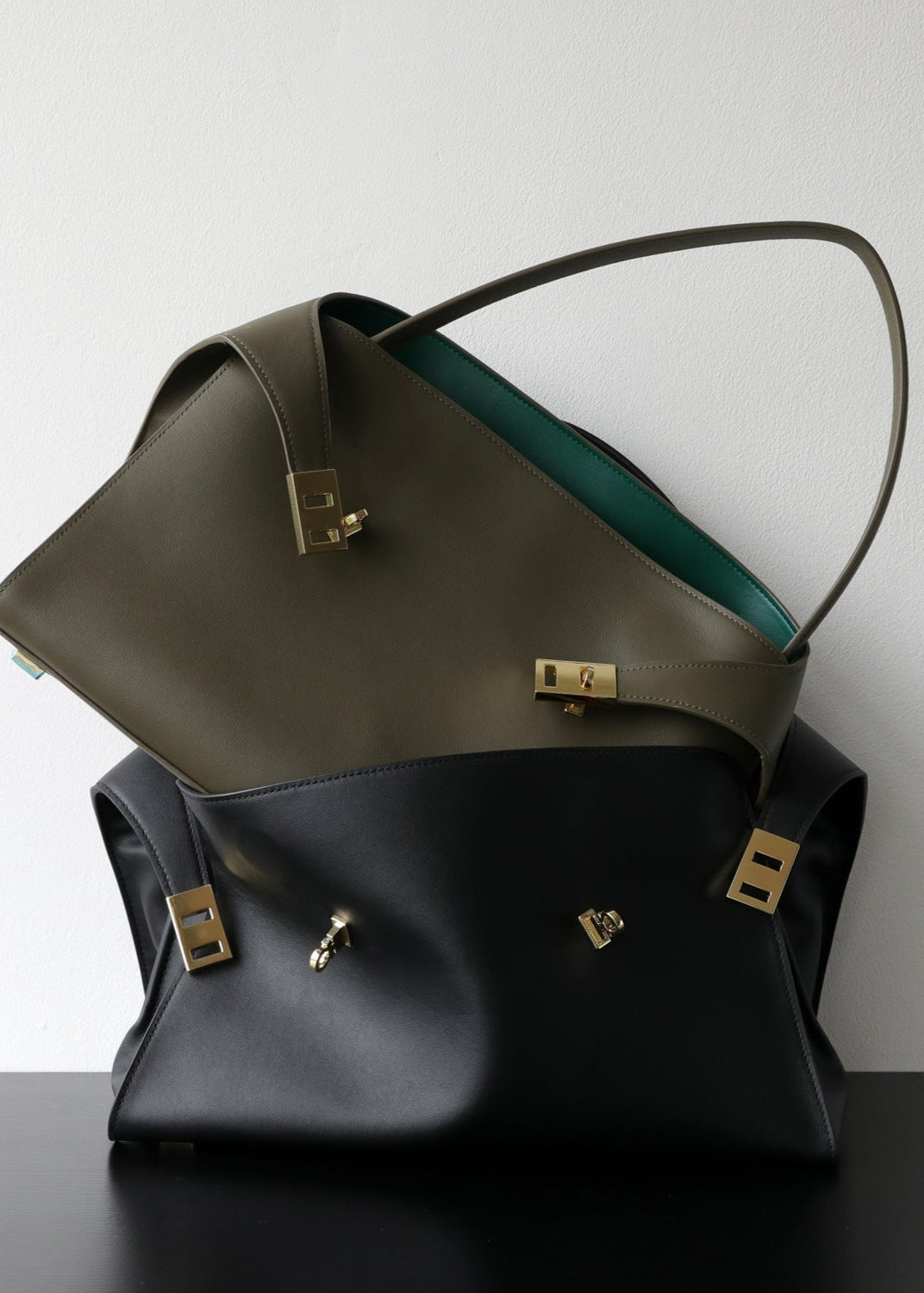 Black Leather Tote Bag with Gold Accents