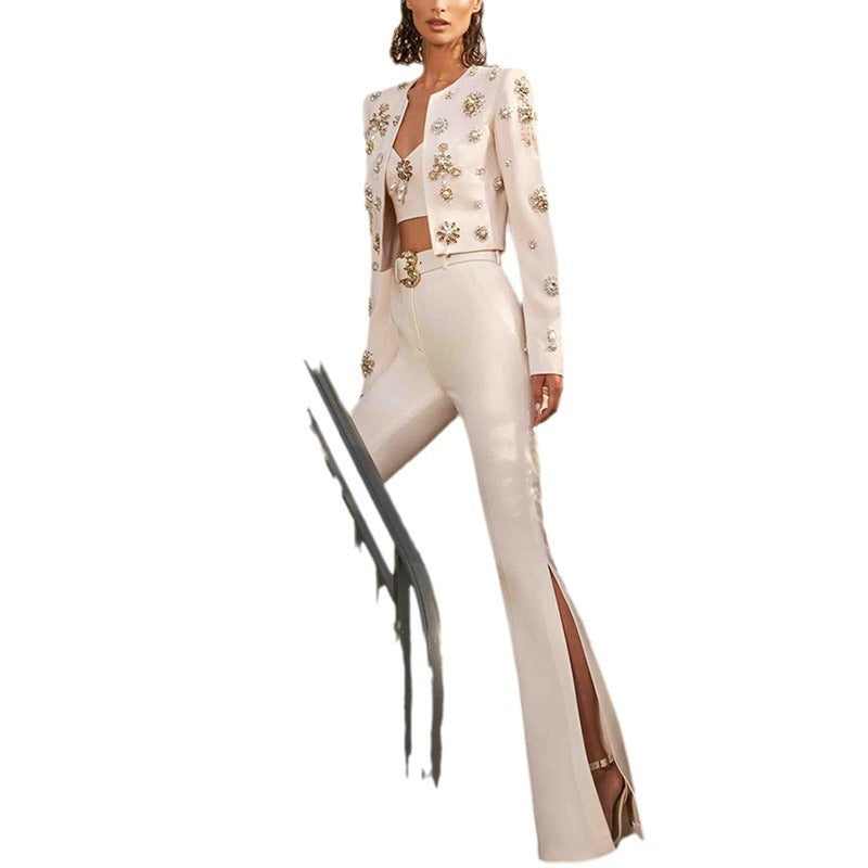 Fashionable Pearl Embellished Short Jacket & Flared Pants Set