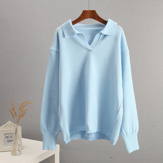 Trendy Polo Collar Long Sleeve Knit Sweater