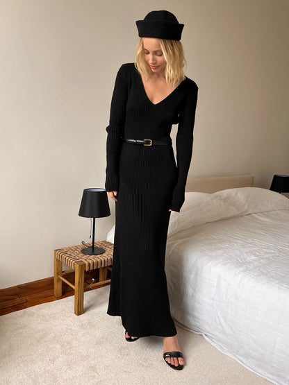 Solid Color Long Sleeve Bodycon Dress V-Neck Elegant Knit Dress