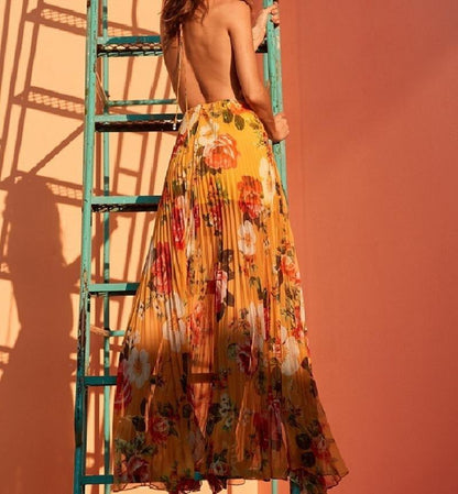 Hanging Neck Bare Back Broken Flowers Pleated Big Swing Chiffon Dress Sleeveless Dress