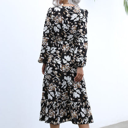 Autumn/Winter New Womenswear Women'S Print Maxi Dress V-Neck Puff Sleeve Long Dress
